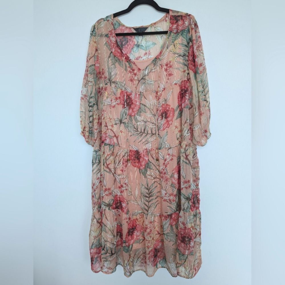 Mlle Gabrielle Flowy Midi/Maxi Tiered Floral Dress Sheer w Inner Slip